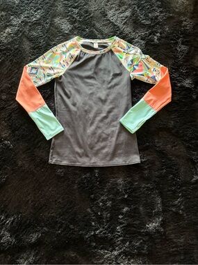 Roxy Colorblock Long Sleeve Swim Coverup - Gray, Coral & Mint
